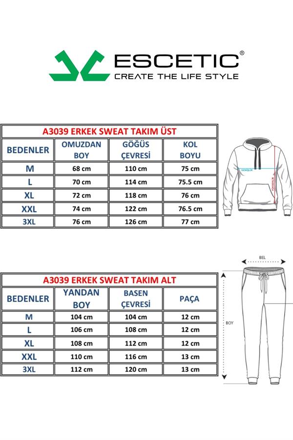 Escetic Siyah Erkek 3 İplik Nefes Alabilen Pamuklu Baskılı Spor Slimfit Sweat Takım A3039