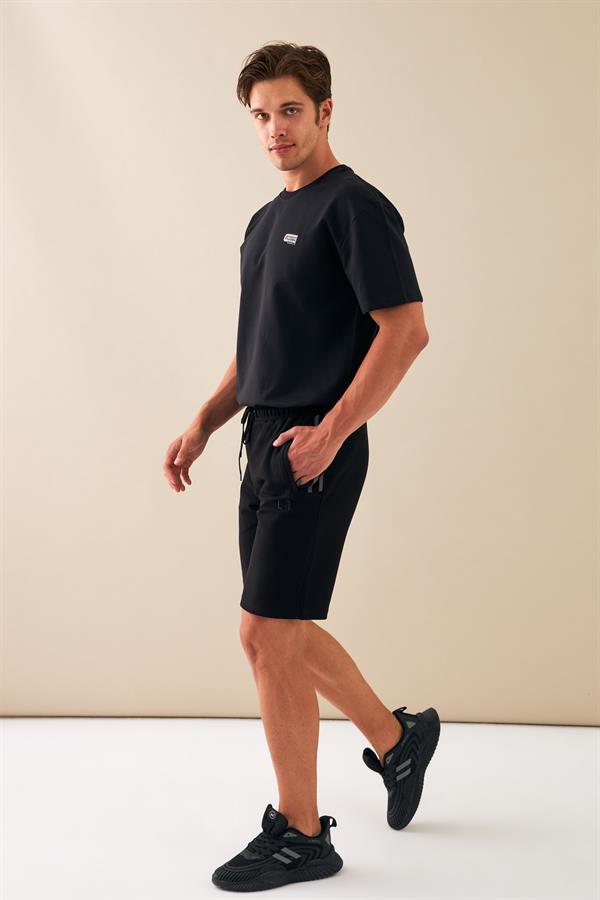 Escetic Siyah Erkek Casual Rahat Kalıp %100 Pamuk Nefes Alabilen Petek Süprem Kumaş Spor Şort B1540