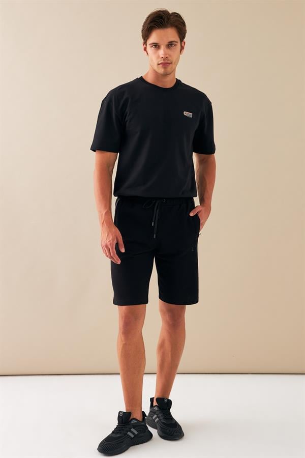 Escetic Siyah Erkek Casual Rahat Kalıp %100 Pamuk Nefes Alabilen Petek Süprem Kumaş Spor Şort B1540