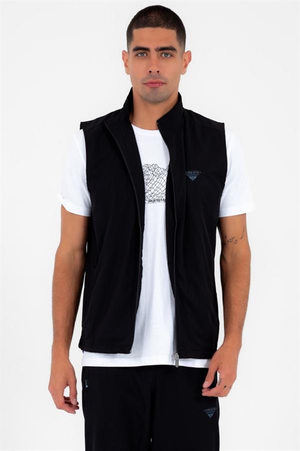 Escetic Siyah Erkek Dik Yaka Spor Likra Nefes Alabilen 4 Cepli Yazlık Slimfit Yelekli Eşofman Takımı 6921