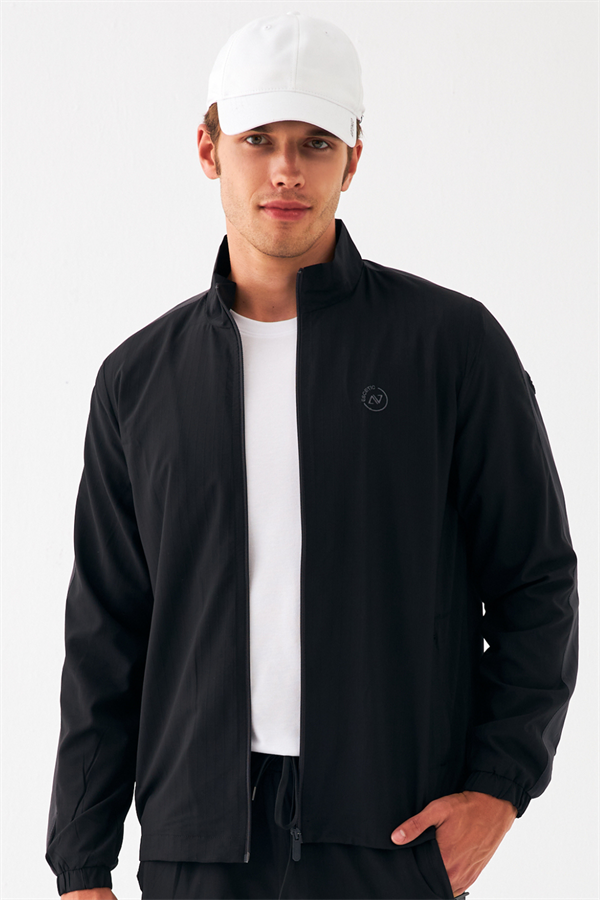 Escetic Siyah Erkek Dik Yaka Spor Likra Kumaş Lastik Paça 4 Cepli YAZLIK Slimfit Spor Eşofman Takımı SL0019