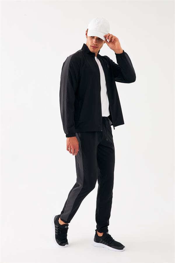 Escetic Siyah Erkek Dik Yaka Spor Likra Kumaş Lastik Paça 4 Cepli YAZLIK Slimfit Spor Eşofman Takımı SL0019