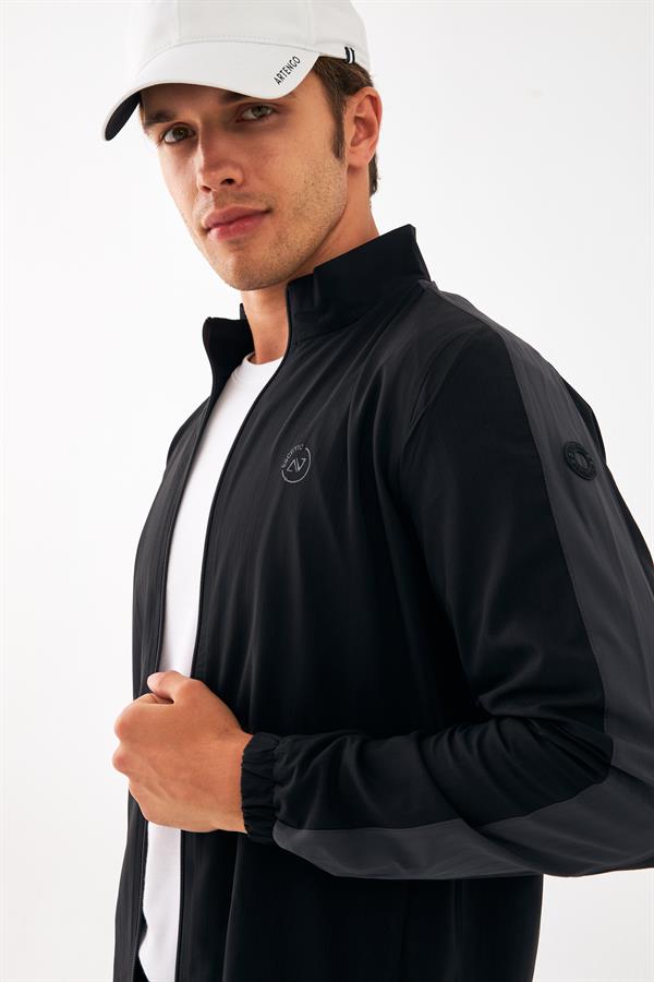 Escetic Siyah Erkek Dik Yaka Spor Likra Kumaş Lastik Paça 4 Cepli YAZLIK Slimfit Spor Eşofman Takımı SL0019