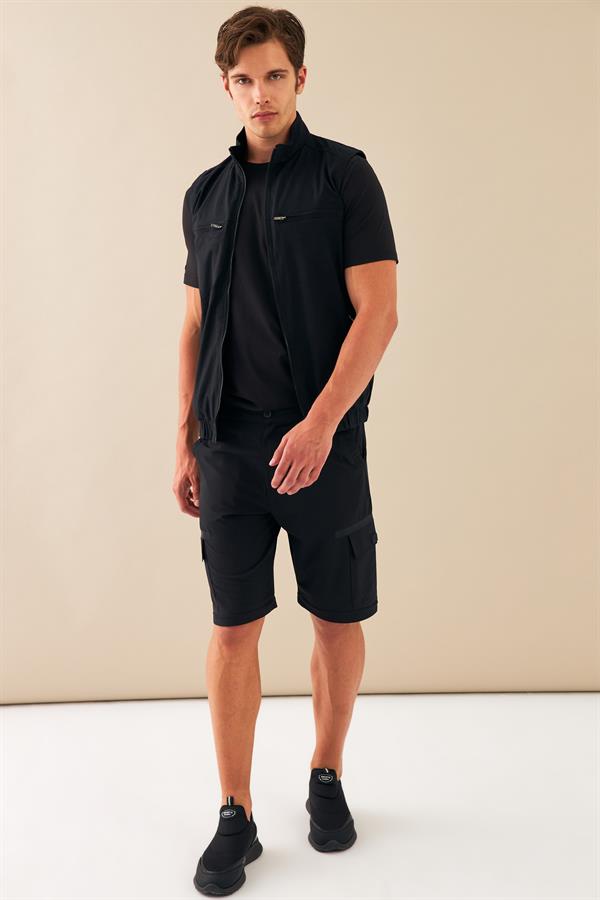 Escetic Siyah Erkek Nefes Alabilen Pamuklu Flamlı Dokuma Kumaş Keten Spor Yelek 6934