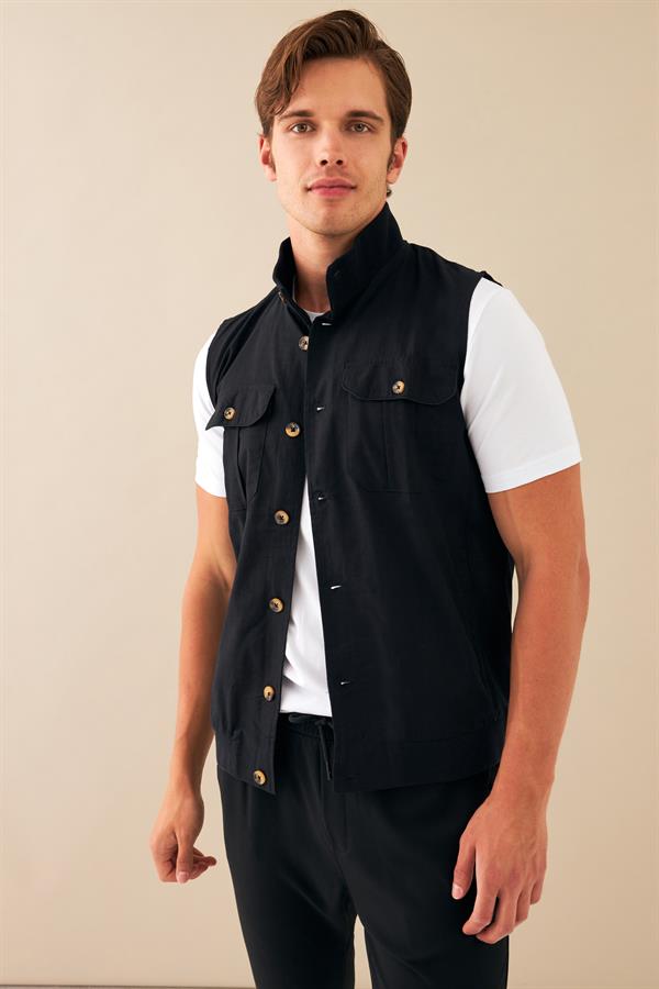 Escetic Siyah Erkek Nefes Alabilen Pamuklu Flamlı Dokuma Kumaş Keten Spor Yelek 6931