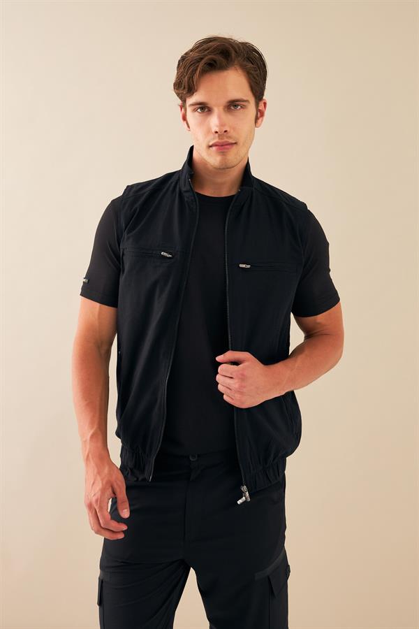 Escetic Siyah Erkek Nefes Alabilen Pamuklu Flamlı Dokuma Kumaş Keten Spor Yelek 6934