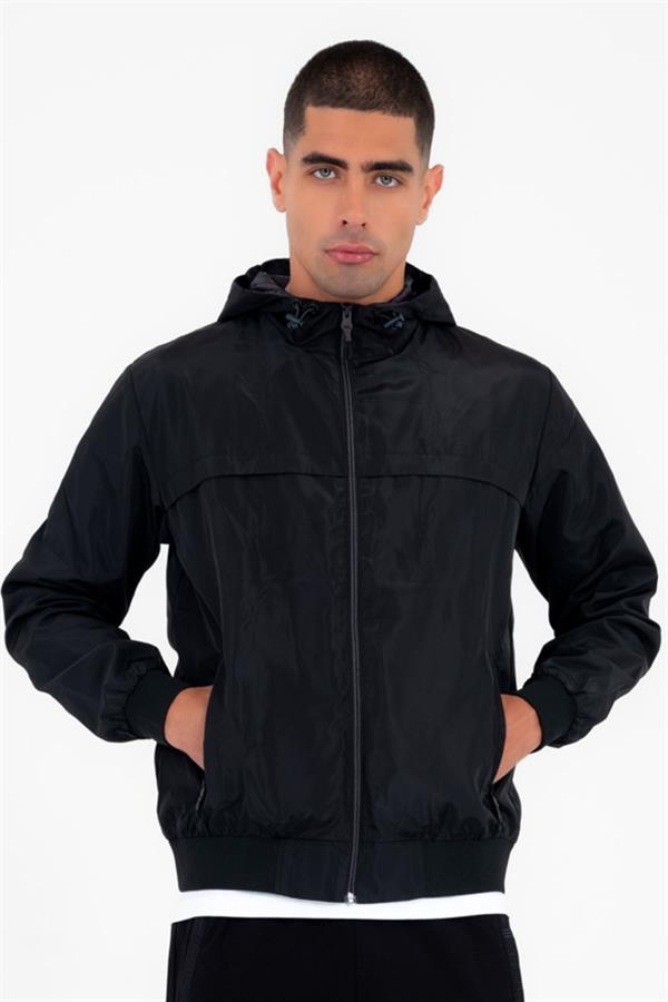 Escetic Siyah Erkek Rüzgarlık Sabit Kapüşonlu Desenli Astarlı Su İtici Mevsimlik İnce Ceket 6569
