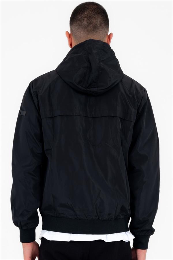 Escetic Siyah Erkek Rüzgarlık Sabit Kapüşonlu Desenli Astarlı Su İtici Mevsimlik İnce Ceket 6569