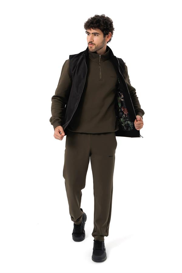 Escetic Siyah İçi Desenli Astar Kaplı 3 İplik Kalın Oversize Erkek Yelek TK0056