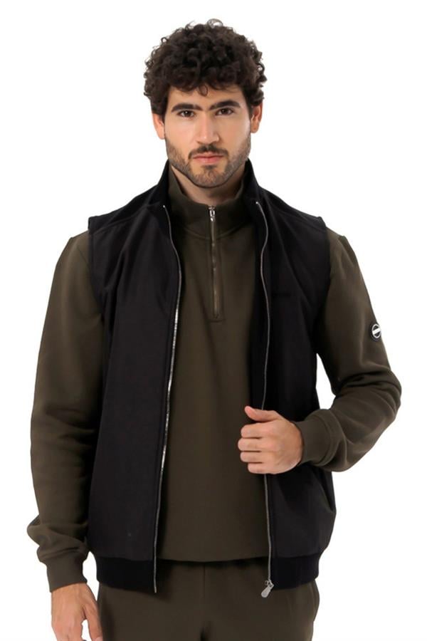 Escetic Siyah İçi Desenli Astar Kaplı 3 İplik Kalın Oversize Erkek Yelek TK0056