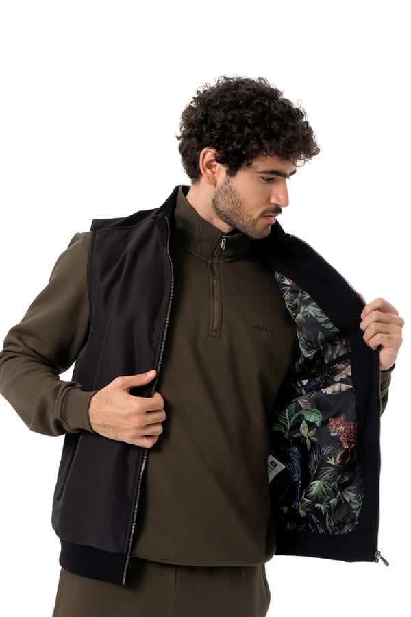 Escetic Siyah İçi Desenli Astar Kaplı 3 İplik Kalın Oversize Erkek Yelek TK0056