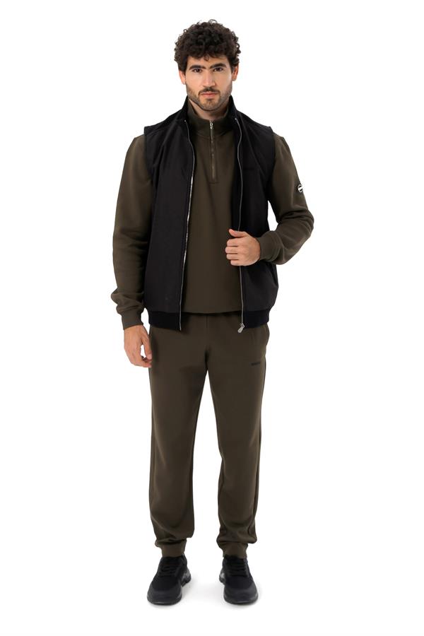 Escetic Siyah İçi Desenli Astar Kaplı 3 İplik Kalın Oversize Erkek Yelek TK0056