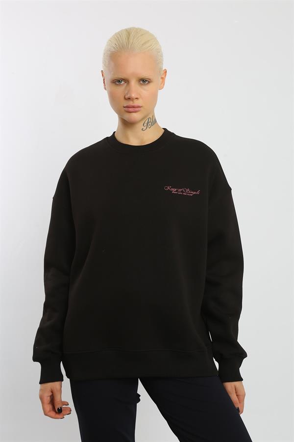 Escetic Siyah İçi Polarlı 3 İplik Oversize Kadın Sweatshirt T0129