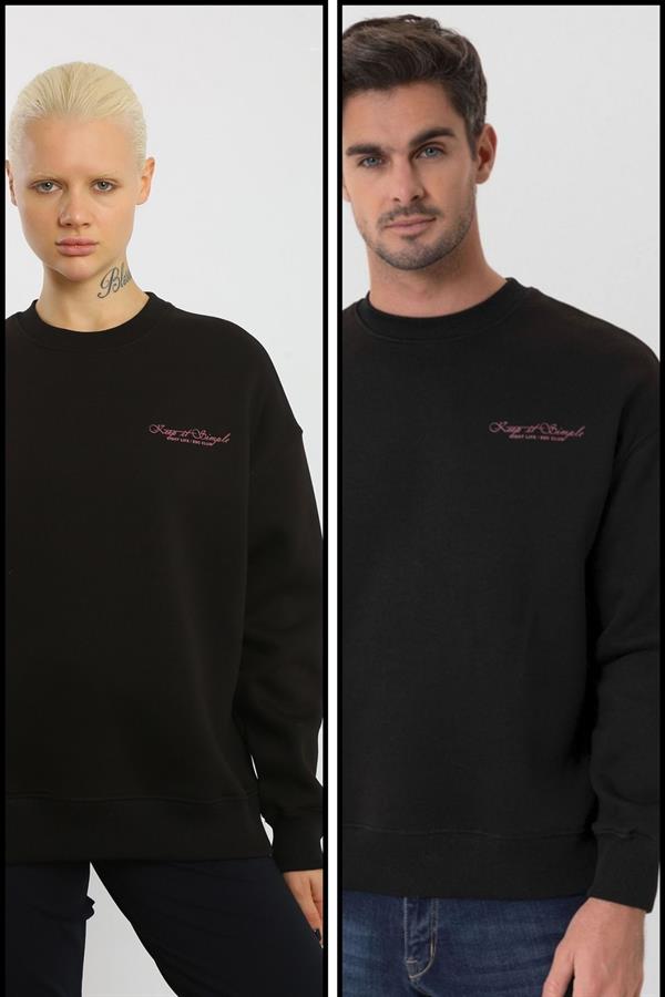 Escetic Siyah İçi Polarlı 3 İplik Oversize Erkek Sweatshirt T0129