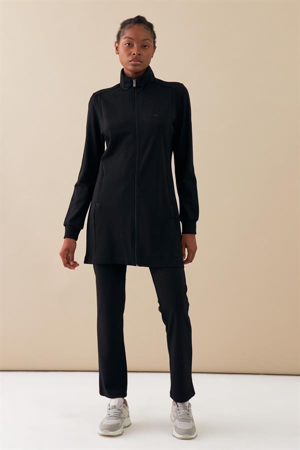 Escetic Siyah Kadın Dik Yaka Nefes Alabilen 2 İplik 4 Mevsim Spor Tunik Eşofman Takım 6725