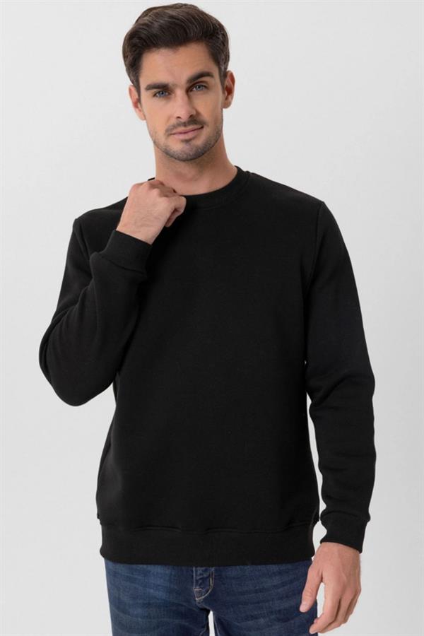 Escetic Siyah Kalın İçi Polarlı O Yaka Regular Kalıp Kışlık Erkek Sweatshirt T0137