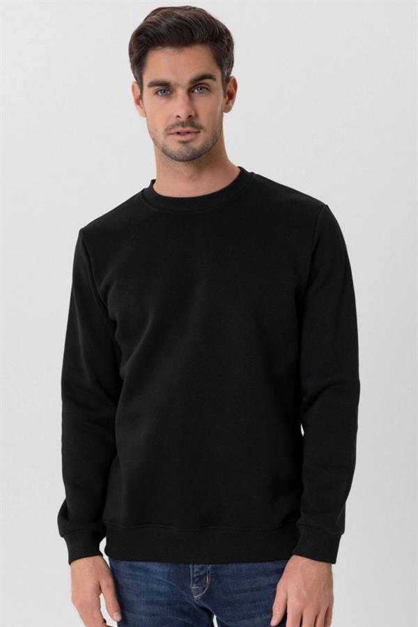 Escetic Siyah Kalın İçi Polarlı O Yaka Regular Kalıp Kışlık Erkek Sweatshirt T0137