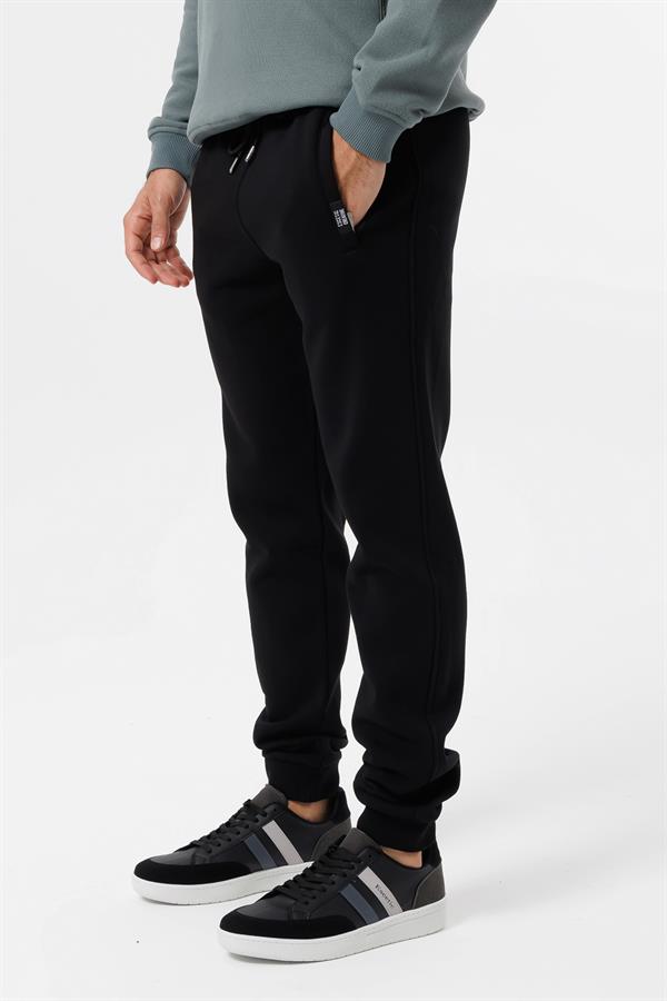 Escetic Siyah Kışlık Kalın 3 İplik Lastik Paça Slimfit Erkek Eşofman Altı B1127