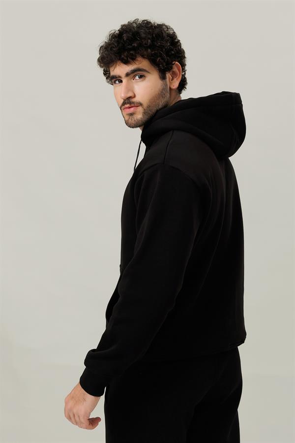 Escetic Siyah Polarlı Rahat Kalıp Kalın Kışlık Erkek Eşofman Takımı A3138