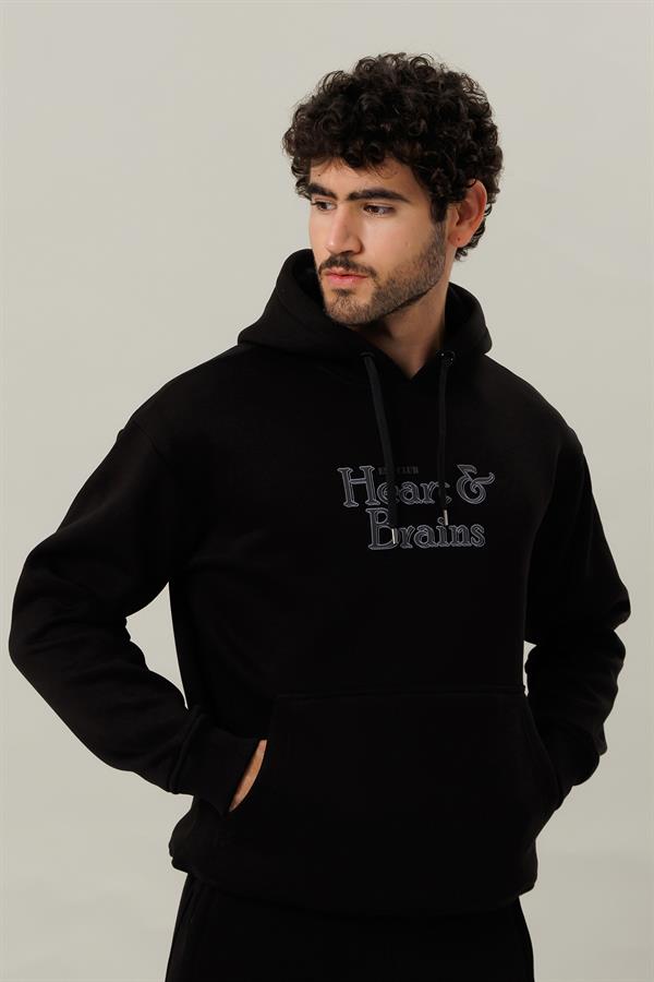 Escetic Siyah Polarlı Rahat Kalıp Kalın Kışlık Erkek Eşofman Takımı A3138