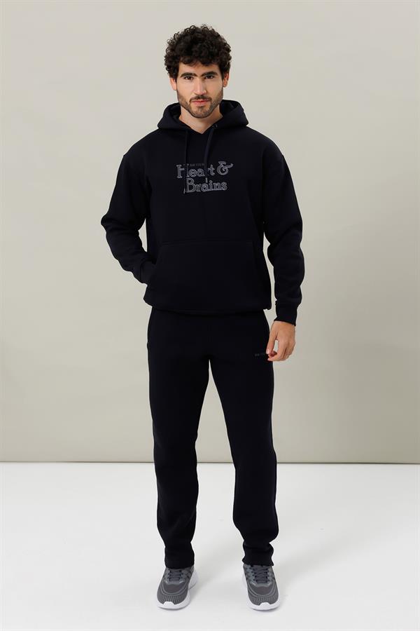Escetic Siyah Polarlı Rahat Kalıp Kalın Kışlık Erkek Eşofman Takımı A3138