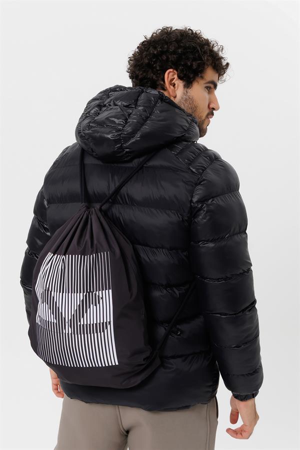 Escetic Siyah Sabit Kapüşonlu 3 Cepli Su İtici Rüzgar Geçirmez Erkek Şişme Mont 7093