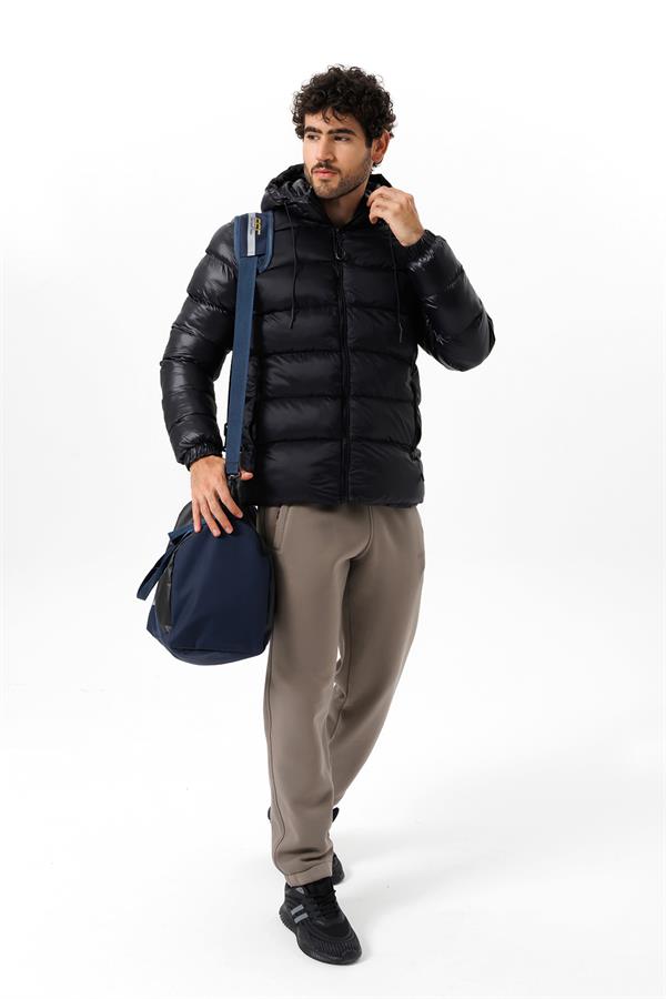 Escetic Siyah Sabit Kapüşonlu 3 Cepli Su İtici Rüzgar Geçirmez Erkek Şişme Mont 7093