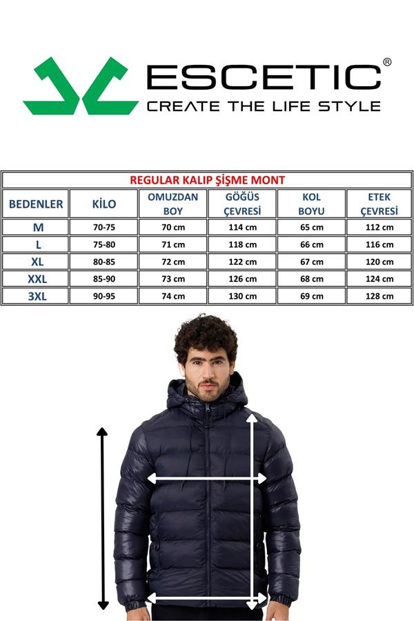 Escetic Siyah Sabit Kapüşonlu 3 Cepli Su İtici Rüzgar Geçirmez Erkek Şişme Mont 7093