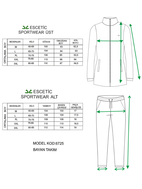 Escetic Soluk Denim Kadın Dik Yaka Nefes Alabilen Modal Kumaş 4 Mevsim Spor Tunik Eşofman Takım 6725