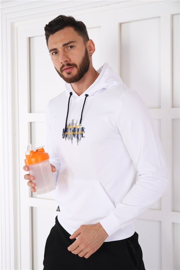Escetic Erkek Slimfit Beyaz Cepli, 2 İplik Kapüşonlu Spor Sweatshirt 0949