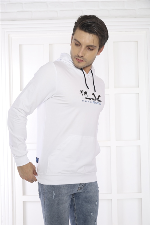 Escetic Erkek Slimfit Beyaz Cepli, 2 İplik Kapüşonlu Spor Sweatshirt 0950
