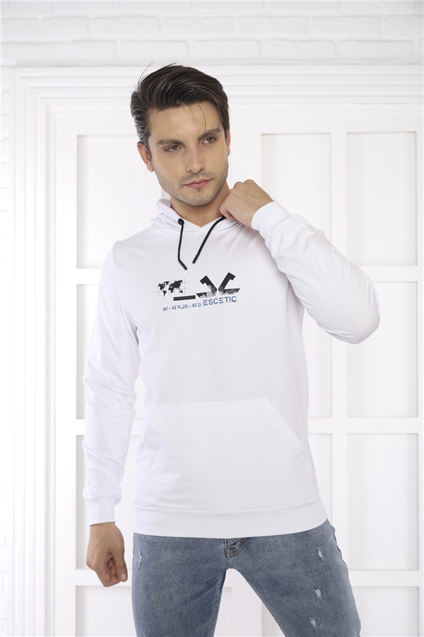 Escetic Erkek Slimfit Beyaz Cepli, 2 İplik Kapüşonlu Spor Sweatshirt 0950