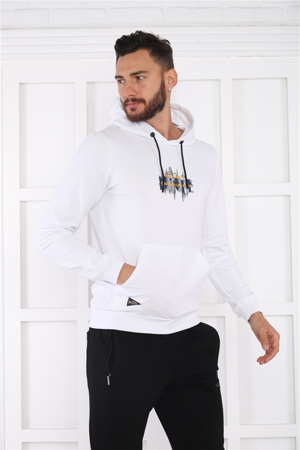 Escetic Erkek Slimfit Beyaz Cepli, 2 İplik Kapüşonlu Spor Sweatshirt 0949