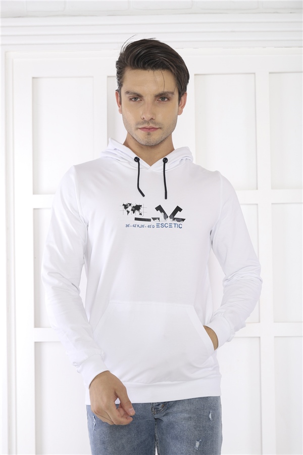 Escetic Erkek Slimfit Beyaz Cepli, 2 İplik Kapüşonlu Spor Sweatshirt 0950