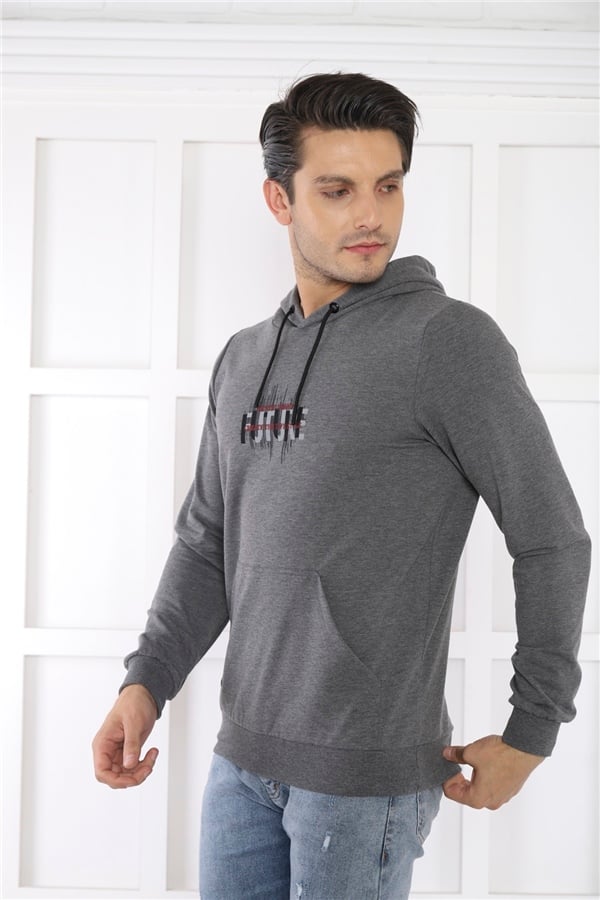 Escetic Erkek Slimfit G3 Melanj Cepli, 2 İplik Kapüşonlu Spor Sweatshirt 0949