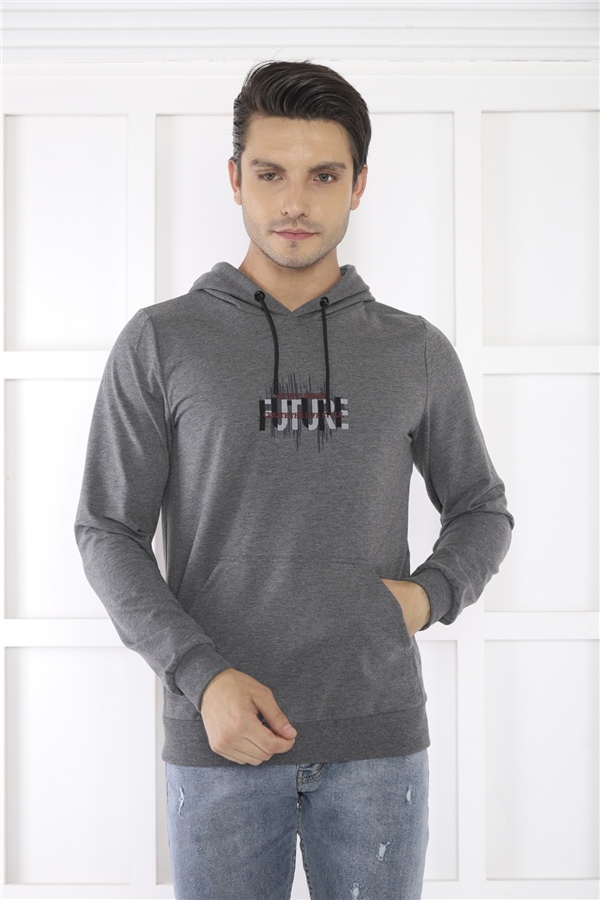 Escetic Erkek Slimfit G3 Melanj Cepli, 2 İplik Kapüşonlu Spor Sweatshirt 0949
