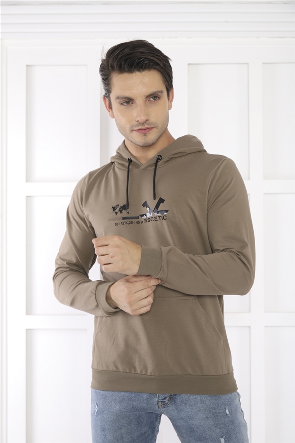 Escetic Erkek Slimfit Haki Cepli, 2 İplik Kapüşonlu Spor Sweatshirt 0950