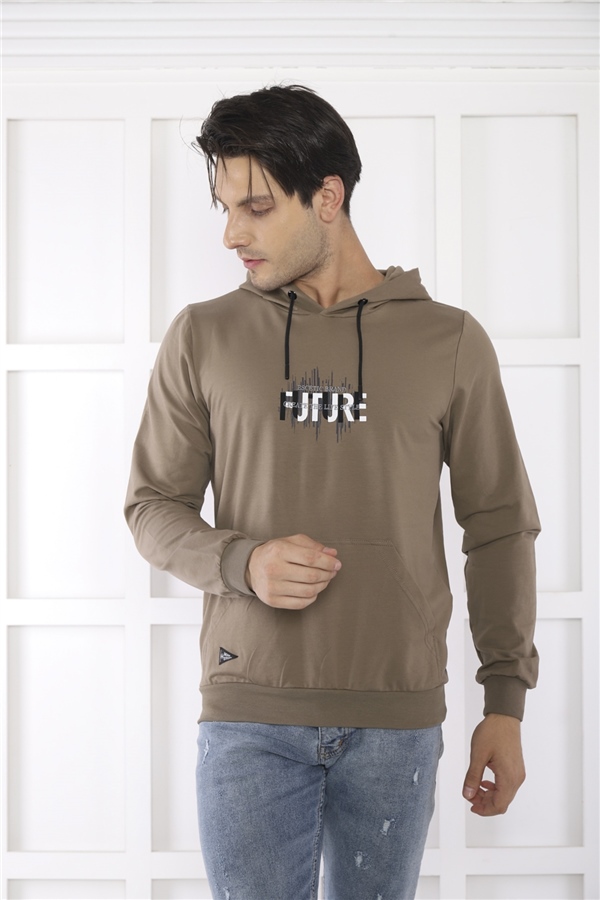Escetic Erkek Slimfit Haki Cepli, 2 İplik Kapüşonlu Spor Sweatshirt 0949
