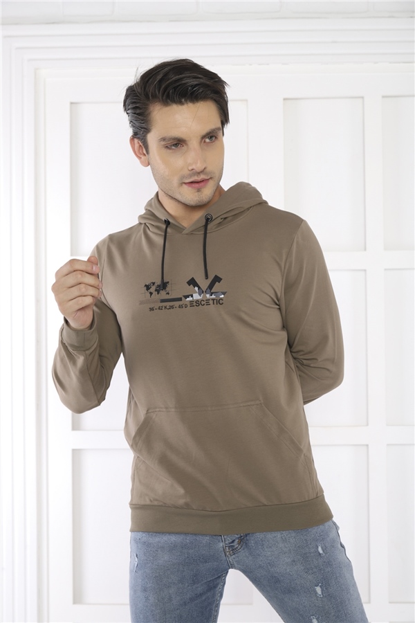 Escetic Erkek Slimfit Haki Cepli, 2 İplik Kapüşonlu Spor Sweatshirt 0950