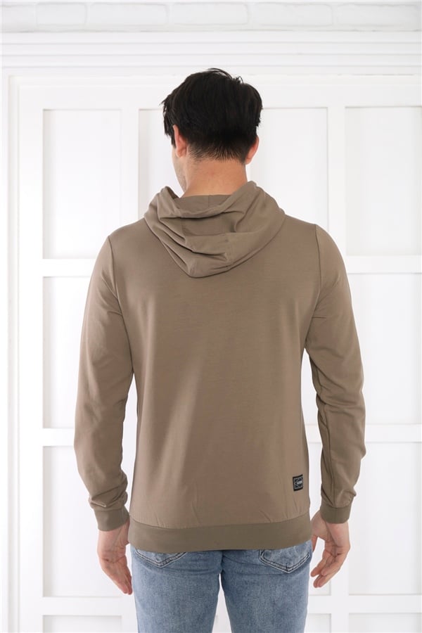 Escetic Erkek Slimfit Haki Cepli, 2 İplik Kapüşonlu Spor Sweatshirt 0950