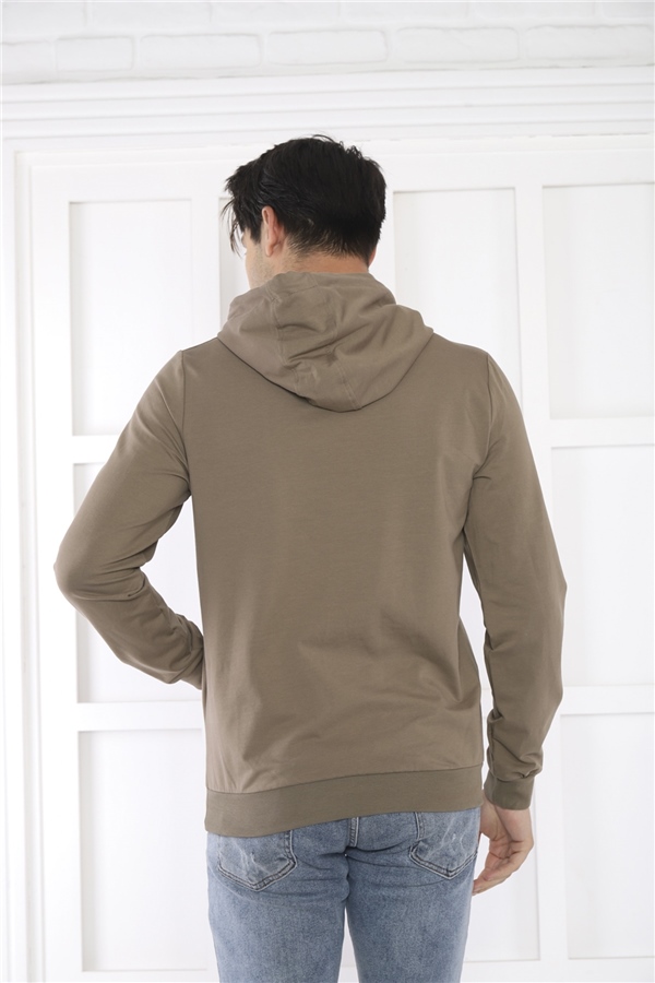 Escetic Erkek Slimfit Haki Cepli, 2 İplik Kapüşonlu Spor Sweatshirt 0949