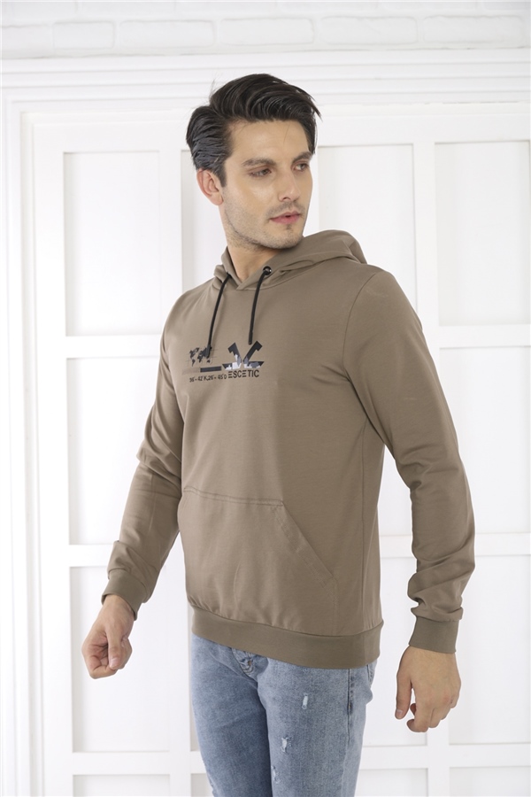 Escetic Erkek Slimfit Haki Cepli, 2 İplik Kapüşonlu Spor Sweatshirt 0950