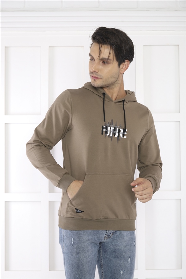 Escetic Erkek Slimfit Haki Cepli, 2 İplik Kapüşonlu Spor Sweatshirt 0949
