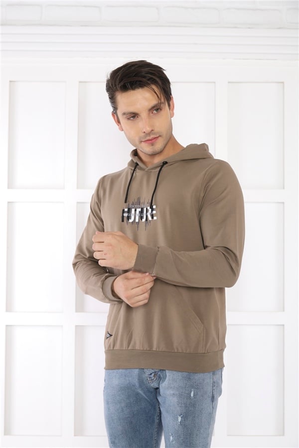 Escetic Erkek Slimfit Haki Cepli, 2 İplik Kapüşonlu Spor Sweatshirt 0949