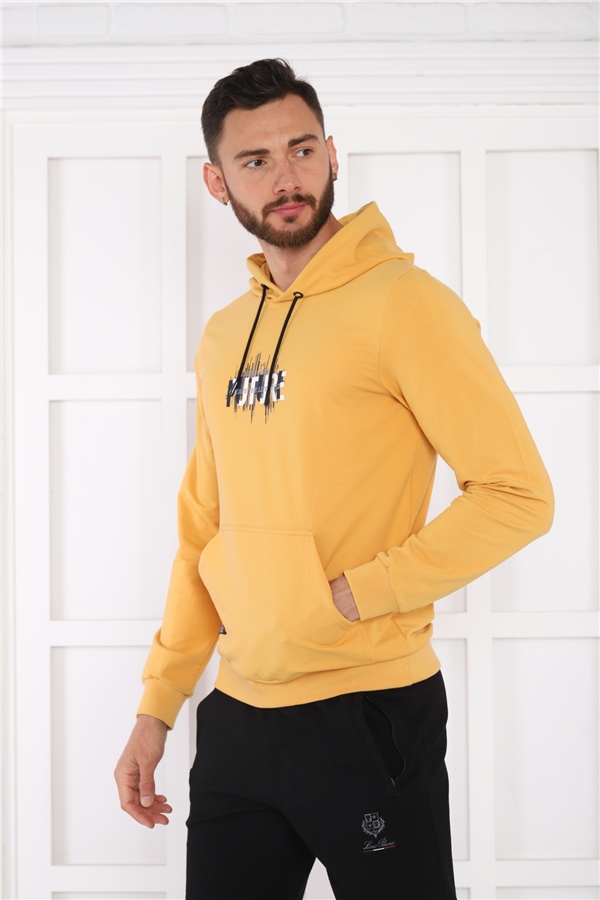 Escetic Erkek Slimfit Hardal Cepli, 2 İplik Kapüşonlu Spor Sweatshirt 0949