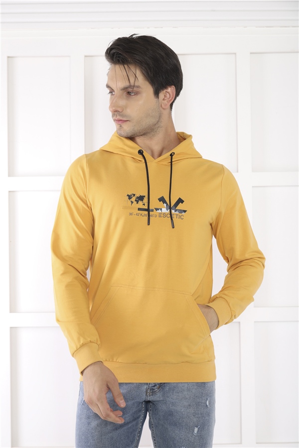 Escetic Erkek Slimfit Hardal Cepli, 2 İplik Kapüşonlu Spor Sweatshirt 0950