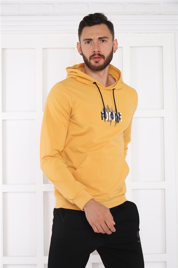 Escetic Erkek Slimfit Hardal Cepli, 2 İplik Kapüşonlu Spor Sweatshirt 0949