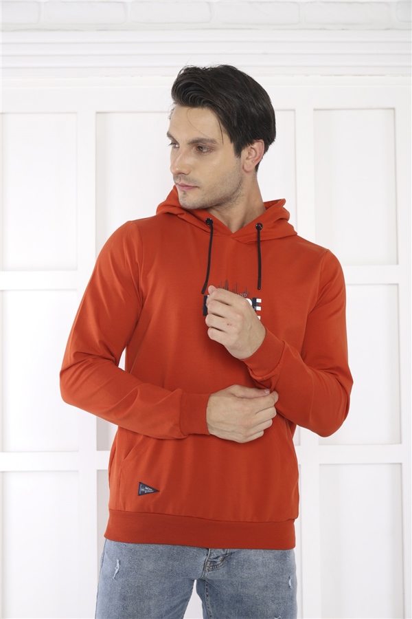 Escetic Erkek Slimfit Kiremit Cepli, 2 İplik Kapüşonlu Spor Sweatshirt 0949