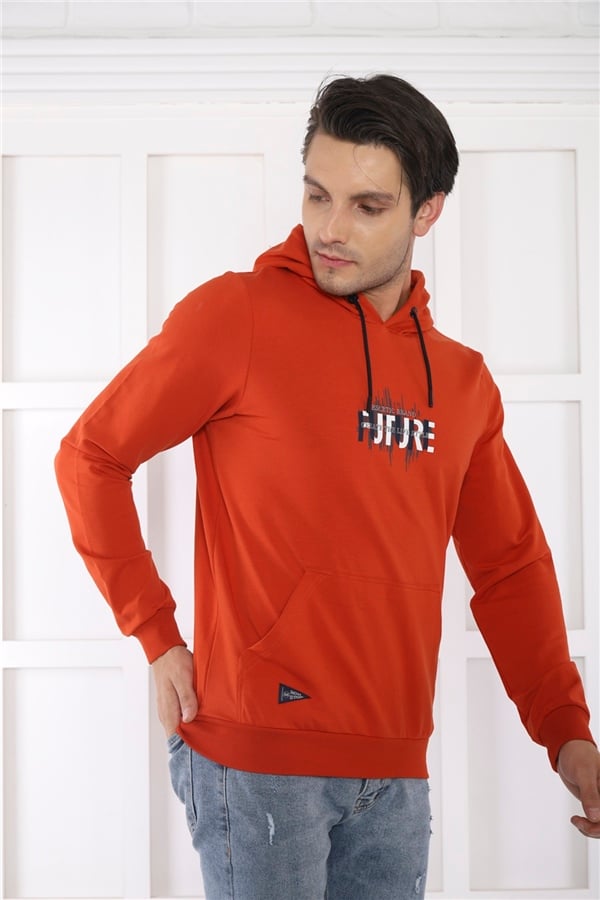Escetic Erkek Slimfit Kiremit Cepli, 2 İplik Kapüşonlu Spor Sweatshirt 0949