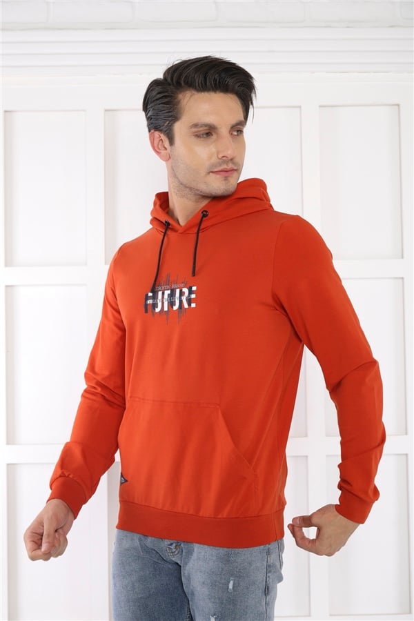 Escetic Erkek Slimfit Kiremit Cepli, 2 İplik Kapüşonlu Spor Sweatshirt 0949